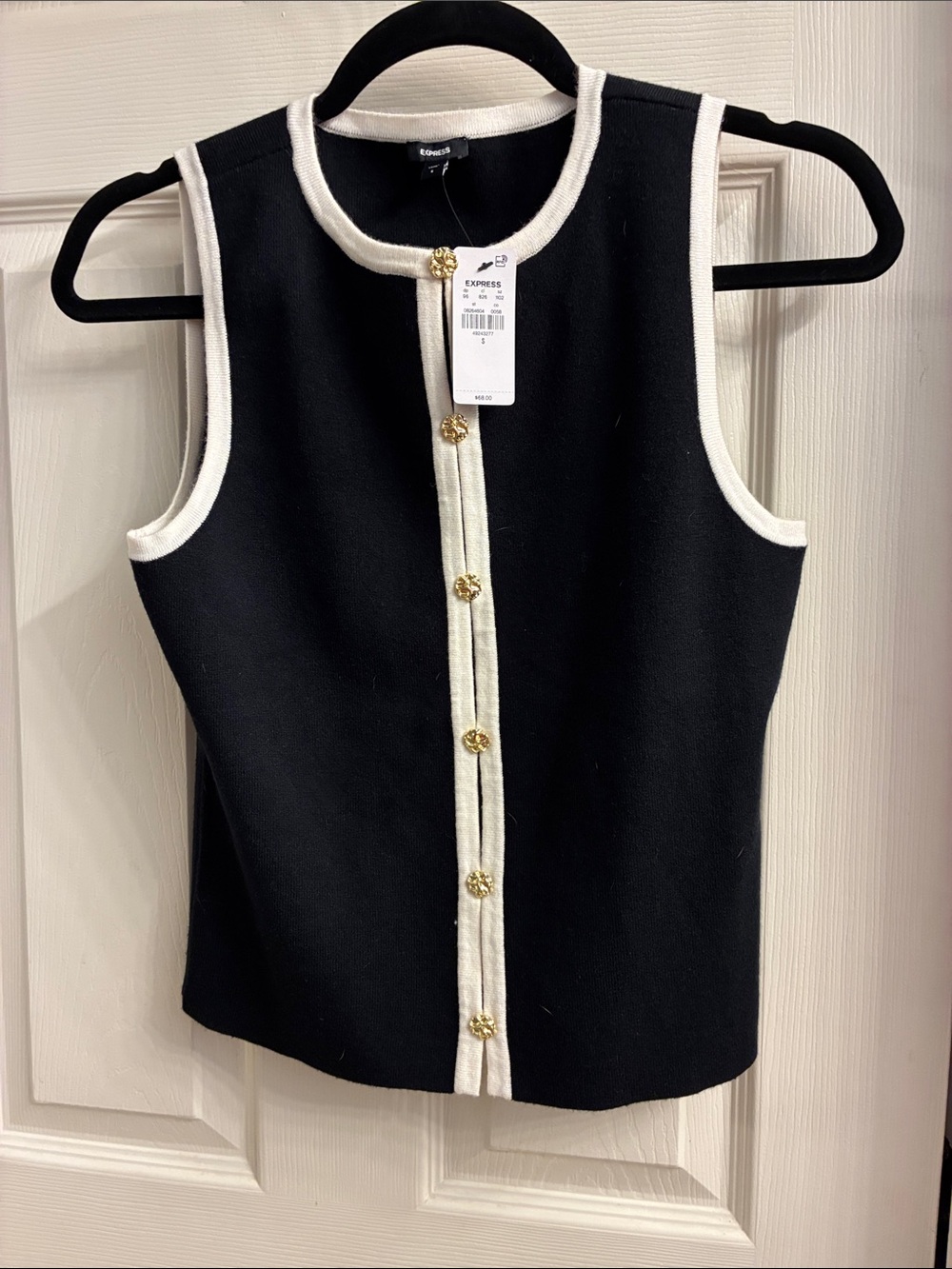 Express Black Sleeveless Shell with Cream Trim and Gold Buttons